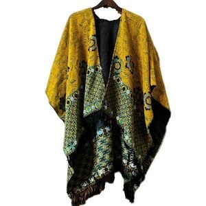 Bohemian Tapestry Gold Blue Swirl Floral Circle Pattern Shawl Poncho Fringe OS